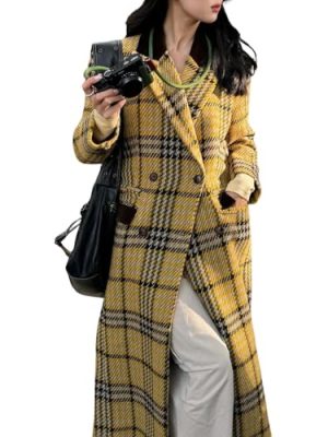 Women's Plaid Wool Coat Notch Lapel Overcoat Winter Long Trench Coat Double Breasted Pea Coat