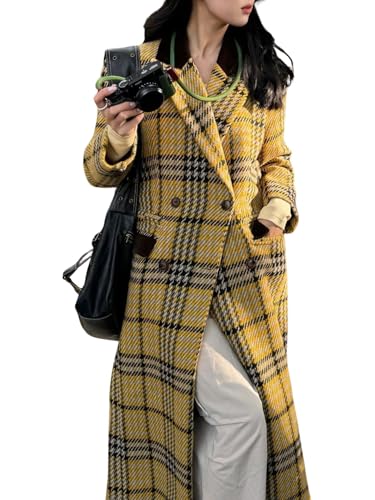 Women's Plaid Wool Coat Notch Lapel Overcoat Winter Long Trench Coat Double Breasted Pea Coat