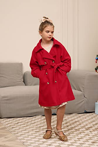 Girls Dress Coat Lapel Wool Blend Long Winter Jackets with Pockets Belt 6-14Y