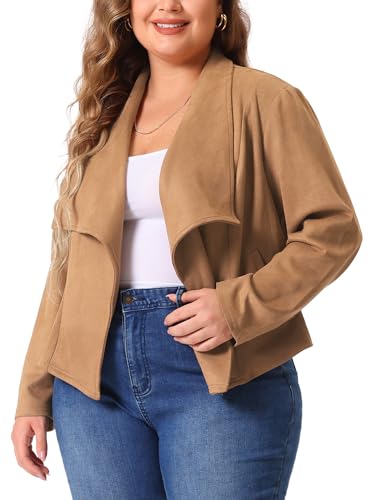 Plus Size Faux Suede Jacket for Women Lapel Long Sleeve Open Front Cardigans Outerwear Jackets