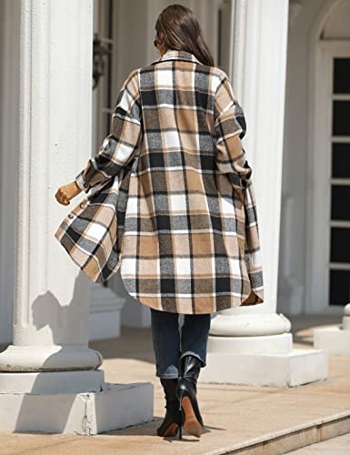 Women’s Long Plaid Shacket Wool Blend Button Down Shirt Jacket Coat with Pockets