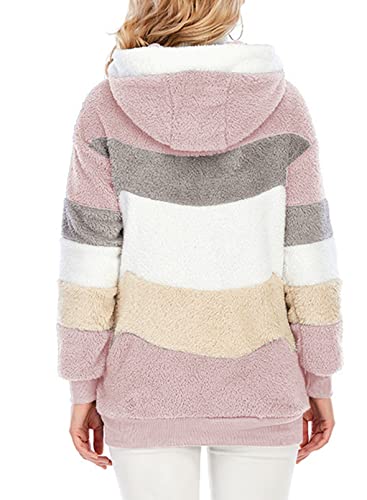 Womens 2025 Winter Fuzzy Fleece Jacket Hooded Color Block Patchwork Cardigan Coats Outerwear with Pockets