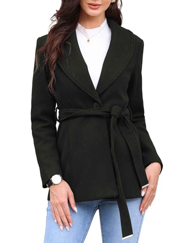 Pea Coats for Women Lapel Collar One Button Winter Overcoat with Belt Trench Coat