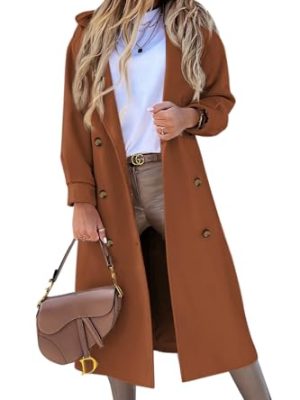 Women's Long Coat Notched Lapel Collar Double Breasted Pea Coat Winter Elegant Wool Blend Over Coats Jackets