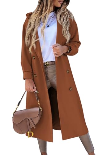 Women's Long Coat Notched Lapel Collar Double Breasted Pea Coat Winter Elegant Wool Blend Over Coats Jackets