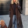 Women's Long Coat Notch Lapel Single-Breasted Jacket with Fringe Hem