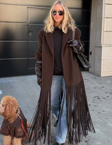 Women's Long Coat Notch Lapel Single-Breasted Jacket with Fringe Hem