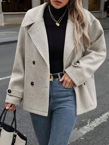 Women's Winter Loose Fit Cropped Wool Coat Double Breasted Dressy Short Blazer Jacket Peacoat