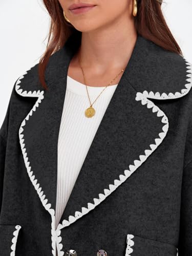Womens Cropped Wool Jacket Embroidered Contrast Trims Blazer Fall Short Pea Coat with Pockets