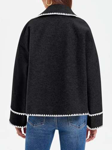 Womens Cropped Wool Jacket Embroidered Contrast Trims Blazer Fall Short Pea Coat with Pockets
