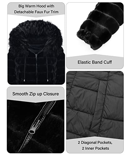 Women Double Sided Faux Fur Jacket Spring and Winter Fashion Reversible Hood Puffer Coat with Fur Collar