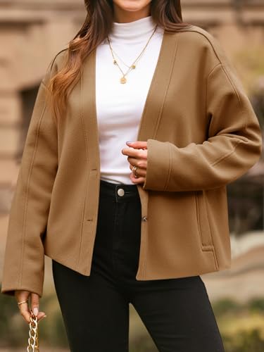 Womens Cropped Wool Blend Pea Coat Casual V Neck Button Down Short Jackets Fall Shackts with Pockets