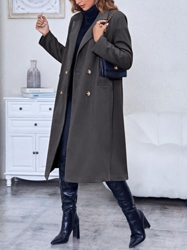 Womens Trench Coat Winter Lapel Double Breasted Long Pea Coat Casual Work Office Overcoat with Pocket