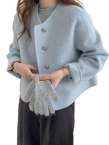 Women Short Wool Pea Coat Long Sleeve Button Down Short Jacket Cropped Woolen Blend Coat Outerwear