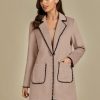 Pea Coats for Women Trendy Embroidered Contrast Trim Long Peacoat Jackets Lapel Button Winter Coat with Pockets