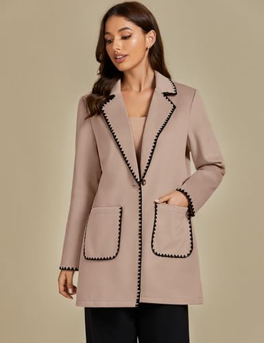 Pea Coats for Women Trendy Embroidered Contrast Trim Long Peacoat Jackets Lapel Button Winter Coat with Pockets