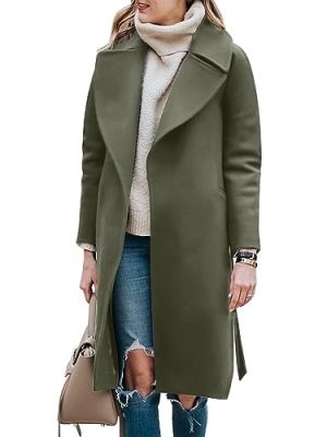 Women's Trench Coat Long Wool Blend Pea Coat Winter Casual Overcoat Notched Lapel Collar Belted Long Jacket Outerwear
