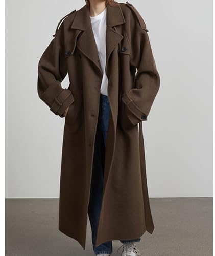 Women's Winter Double Breasted Long Coat Notch Lapel Long Sleeve Wool Blend Trench Coat with Belt