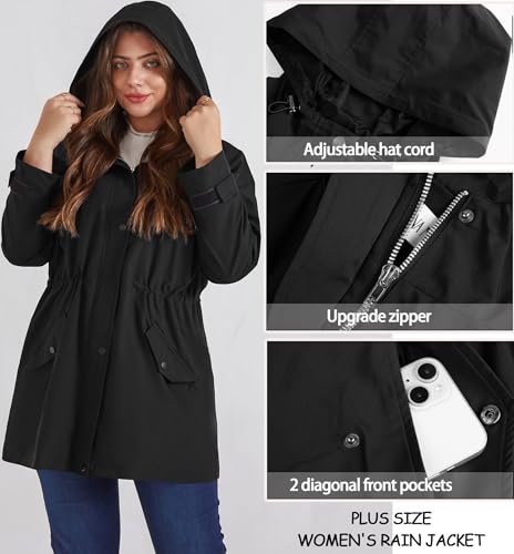 Women's Plus Size Waterproof Raincoat Lightweight Windbreaker Hooded Jacket with Pockets