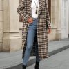 Women's Plaid Double Breasted Wool Overcoat Notch Lapel Mid Long Peacoat Winter Trench Coat