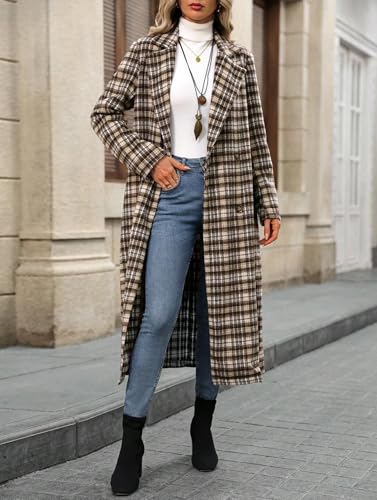 Women's Plaid Double Breasted Wool Overcoat Notch Lapel Mid Long Peacoat Winter Trench Coat