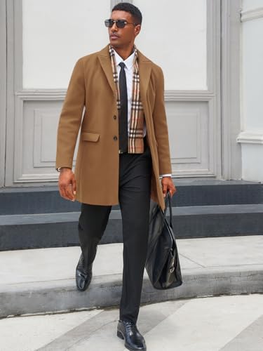 Men's Pea Coat with Detachable Plaid Scarfs Fall Single Breasted Wool Blend Trench Coat Winter Overcoat