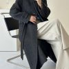 Women's Winter Hidded Button Wool Coat Stand Collar Belted Long Trench Overcoat with Pockets