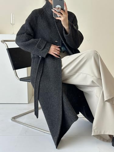 Women's Winter Hidded Button Wool Coat Stand Collar Belted Long Trench Overcoat with Pockets
