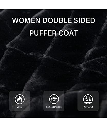 Women Double Sided Faux Fur Jacket Spring and Winter Fashion Reversible Hood Puffer Coat with Fur Collar