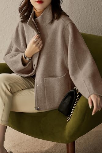 Women's Casual Stand Collar Single Breasted Short Wool Pea Coat Overcoat with Pockets