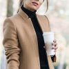 Women's Stand Collar Open Front Wool Pea Coats Fall Winter Warm Mid-Long Trench Coat Overcoat Slim Fit Jackets