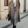 Women's Plaid Double Breasted Wool Overcoat Notch Lapel Mid Long Peacoat Winter Trench Coat