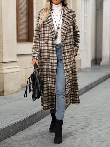 Women's Plaid Double Breasted Wool Overcoat Notch Lapel Mid Long Peacoat Winter Trench Coat