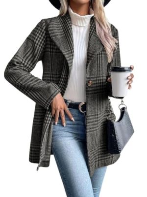 Women's Vintage Plaid Blazer Wool Coat Elegant Shawl Collar Wool Blend Trench Pea Coat