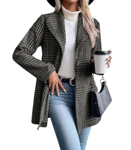 Women's Vintage Plaid Blazer Wool Coat Elegant Shawl Collar Wool Blend Trench Pea Coat
