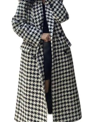Women's Houndstooth Wool Trench Coat Notch Lapel Maxi Long Overcoat Double Breasted Peacoat