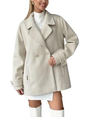 Women's Herringbone Double Breasted Wool Coat Notched Lapel Work Casual Wool Blend Trench Pea Coat Jacket