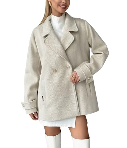 Women's Herringbone Double Breasted Wool Coat Notched Lapel Work Casual Wool Blend Trench Pea Coat Jacket
