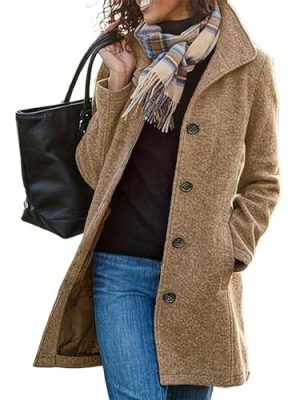 Women's Winter Wool Blend Pea Coat Stand Collar Single Breasted Trench Coat Overcoat