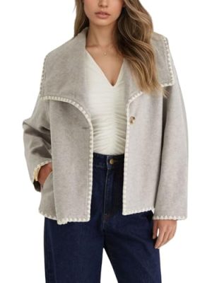 Women's Embroidered Wool Coat Elegant Lapel Wool Blend Trench Pea Coat Outerwear Jacket with Pockets