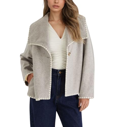 Women's Embroidered Wool Coat Elegant Lapel Wool Blend Trench Pea Coat Outerwear Jacket with Pockets