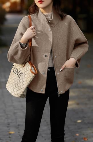 Women's Casual Stand Collar Single Breasted Short Wool Pea Coat Overcoat with Pockets