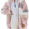 Womens 2025 Winter Fuzzy Fleece Jacket Hooded Color Block Patchwork Cardigan Coats Outerwear with Pockets