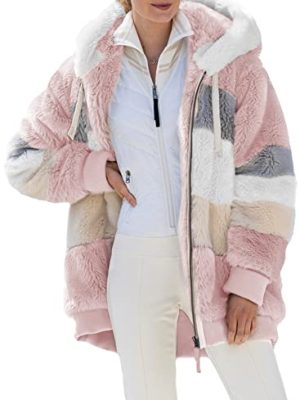 Womens 2025 Winter Fuzzy Fleece Jacket Hooded Color Block Patchwork Cardigan Coats Outerwear with Pockets