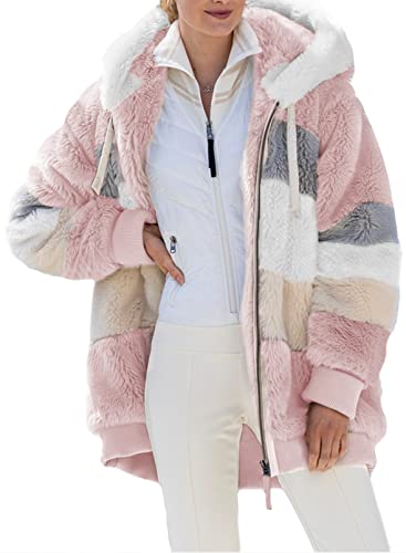 Womens 2025 Winter Fuzzy Fleece Jacket Hooded Color Block Patchwork Cardigan Coats Outerwear with Pockets