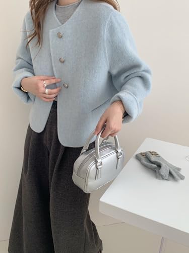 Women Short Wool Pea Coat Long Sleeve Button Down Short Jacket Cropped Woolen Blend Coat Outerwear