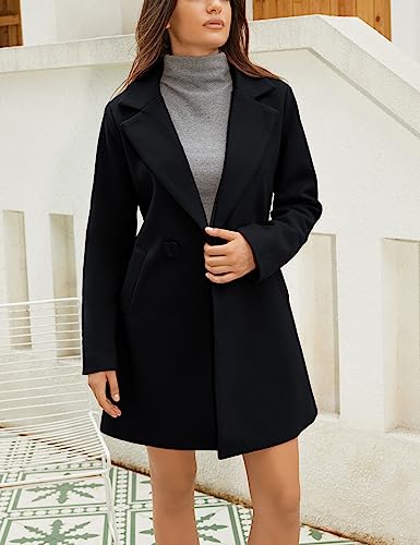 Women's Wool Pea Coat Notched Collar Double Breasted Midi Long Trench Coat Outwear