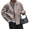 Women Winter Stand Collar Wool Blend Jacket Double Breasted Pea Coat Button Cropped Trench Coat Overcoat