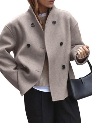 Women Winter Stand Collar Wool Blend Jacket Double Breasted Pea Coat Button Cropped Trench Coat Overcoat