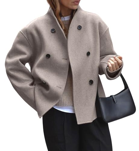 Women Winter Stand Collar Wool Blend Jacket Double Breasted Pea Coat Button Cropped Trench Coat Overcoat